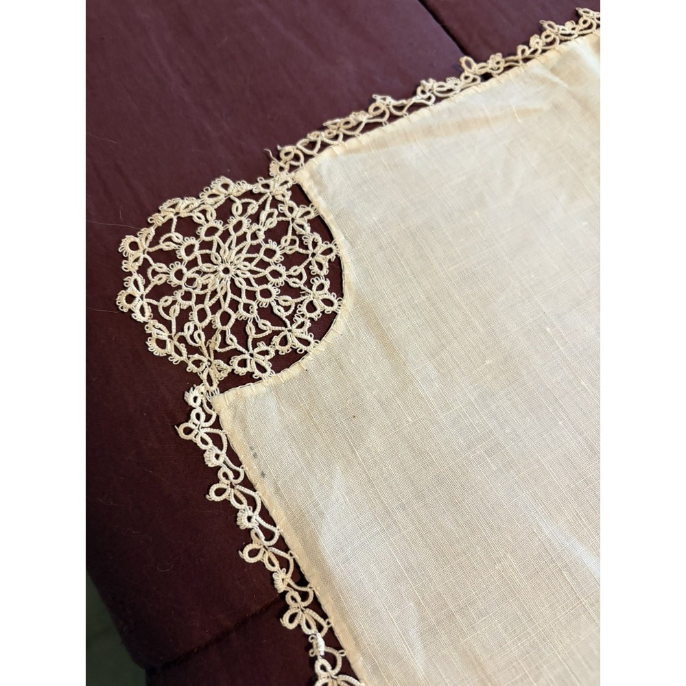 Antique Linen Table Square Hand Tatted Lace Corners And Edges  35" x 35"- 1800's